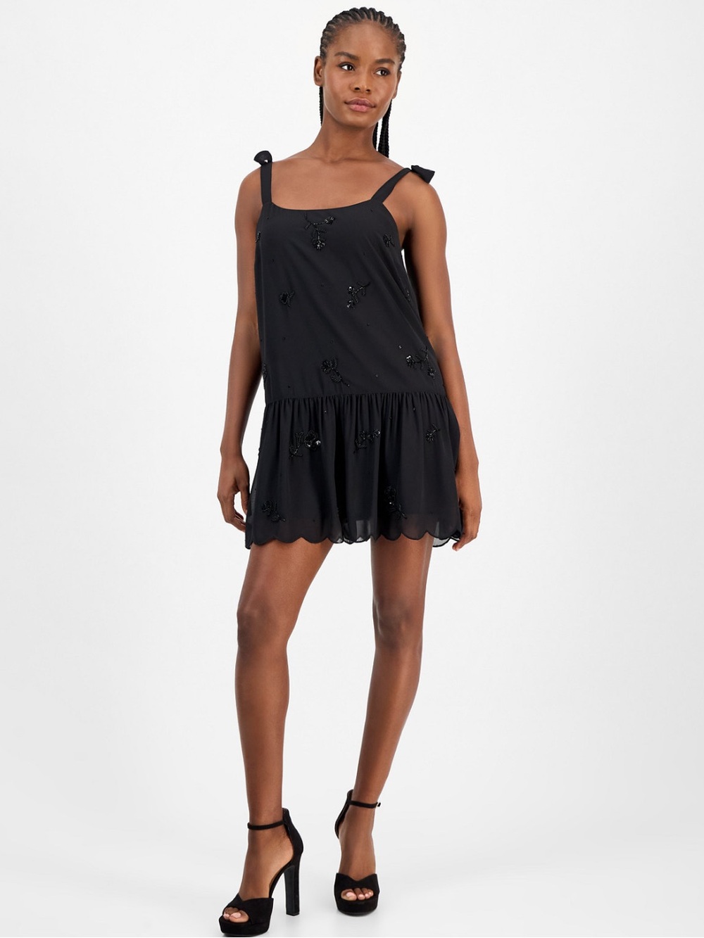 AND NOW THIS Beaded-Front Floral-Embellished Mini Dress, Black, Sz M